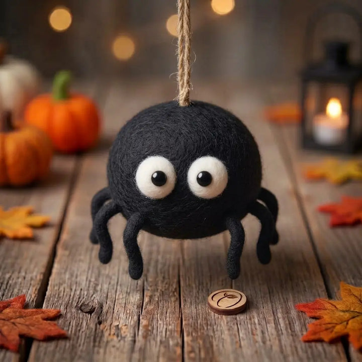 Midnight Spider hanging felt ornament with oversized white eyes, curved black legs and a hanging cord