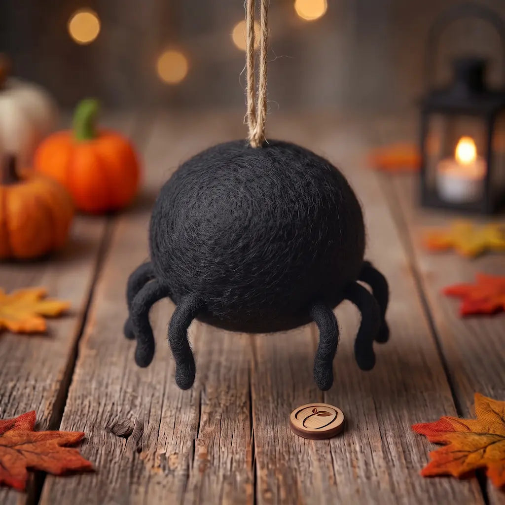 Back view of Midnight Spider hanging ornament showing its round wool body, felt legs and hanging cord