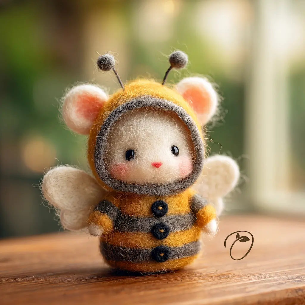 A cute needle-felted bee doll wearing a yellow and gray bee costume with small white wings, photographed on a wooden surface against a soft blurred green background.