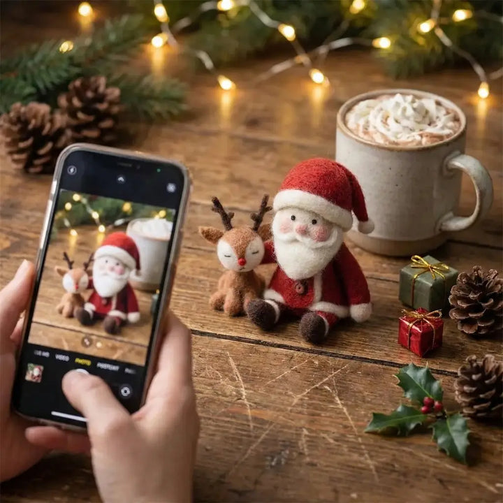 Handmade Santa and reindeer felt figurine duo in a Christmas tabletop display