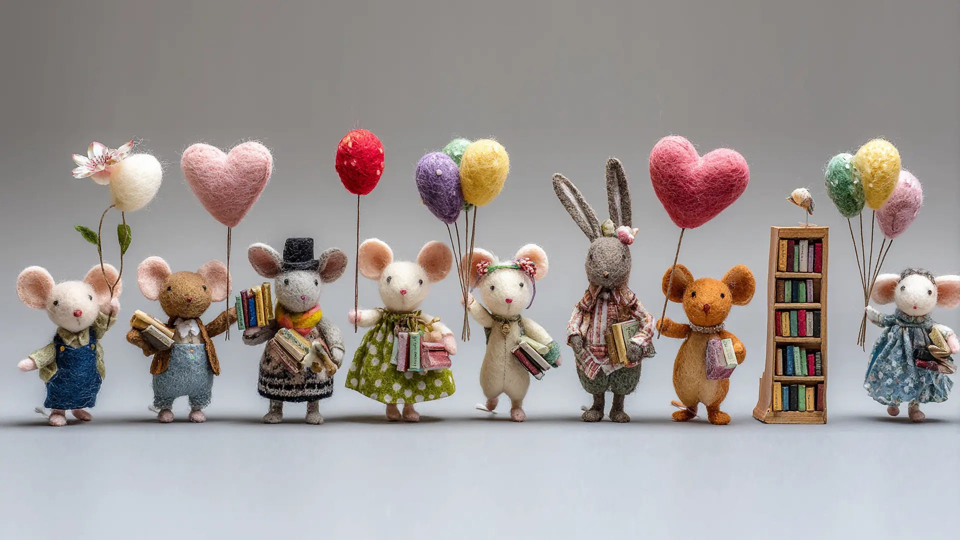 Row of toy mice with balloons and books on a gray background