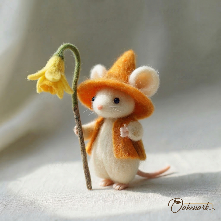 Felted mouse figurine wearing an orange hat and scarf, holding a yellow flower.