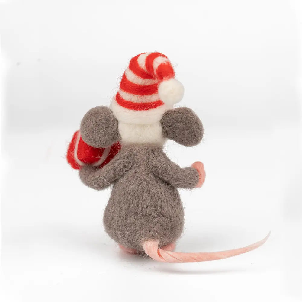 Plush mouse toy wearing a red and white striped hat on a white background