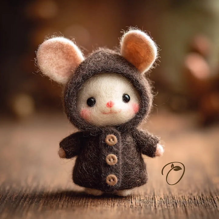 A small felted wool mouse doll wearing a dark brown hooded outfit with three front buttons, photographed standing on a wooden surface against a softly blurred warm brown background.