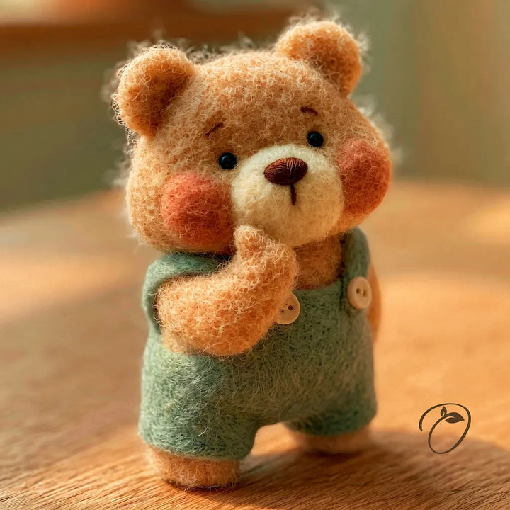 A small felt teddy bear figurine wearing dusty green overalls, standing on a wooden surface with a warm, softly blurred background.
