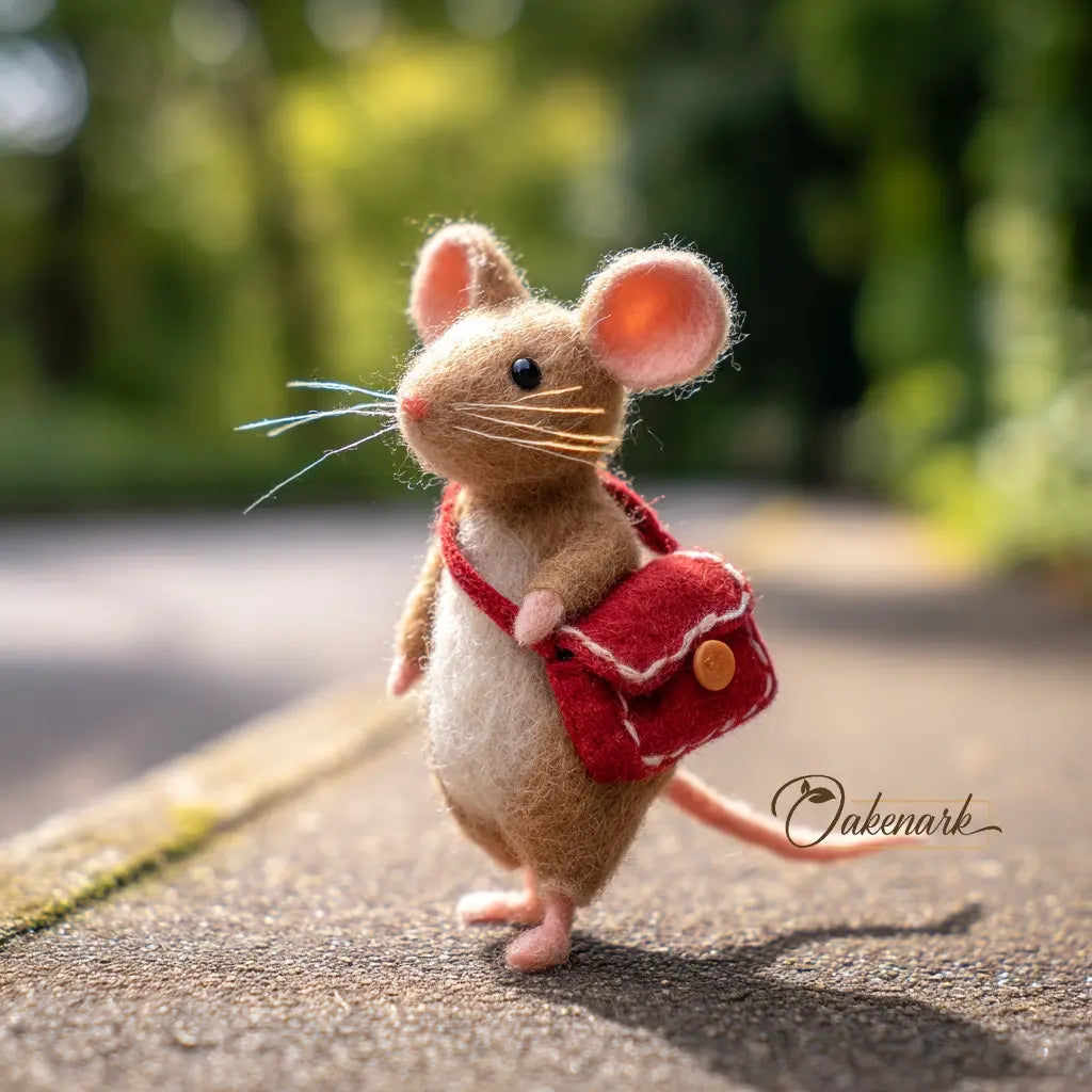 Felted mouse with a red backpack on a blurred natural background