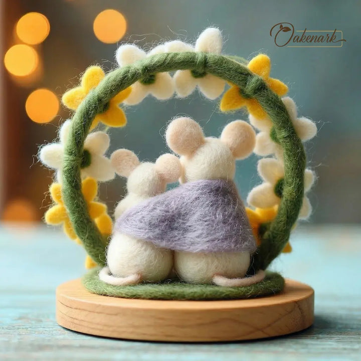Decorative piece with a felt mouse in a flower ring on a wooden base, featuring the brand &