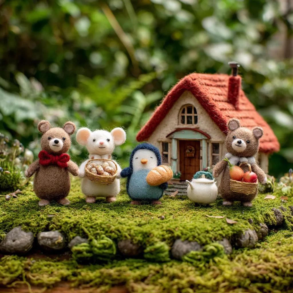 Four small animal figurines stand on a mossy surface in front of a tiny cottage with a red roof. The animals include a brown bear with a red bow tie, a white mouse holding a basket of eggs, a blue penguin holding a loaf of bread, and a brown bear holding apples.