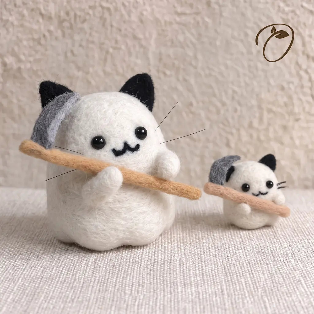 Classic and Mini Ghost Cat felt figurines shown together for size comparison
