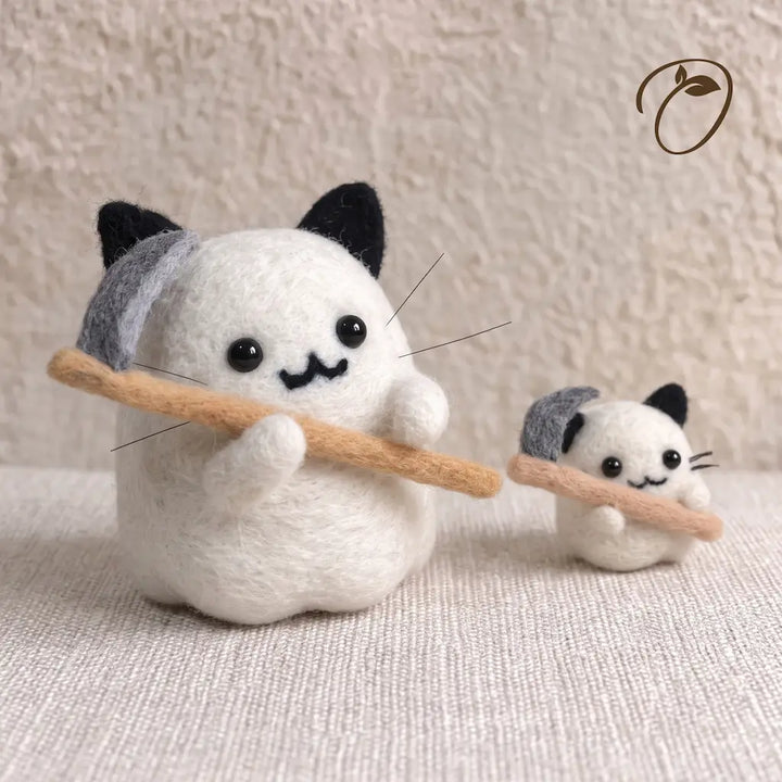 Classic and Mini Ghost Cat felt figurines shown together for size comparison