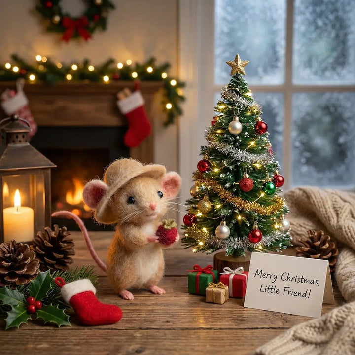 Small mouse in a festive setting with a Christmas tree, candles, and decorations.