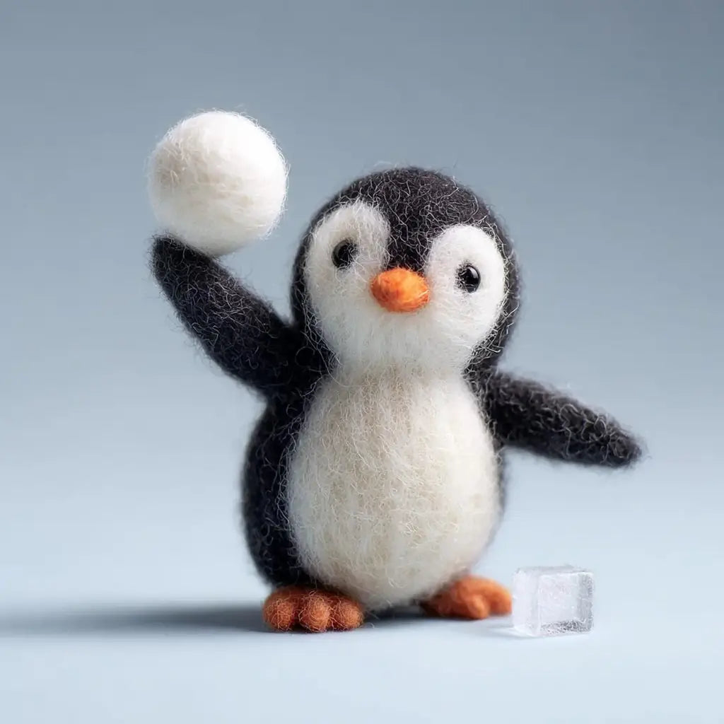 Toy penguin holding a ball against a gray background
