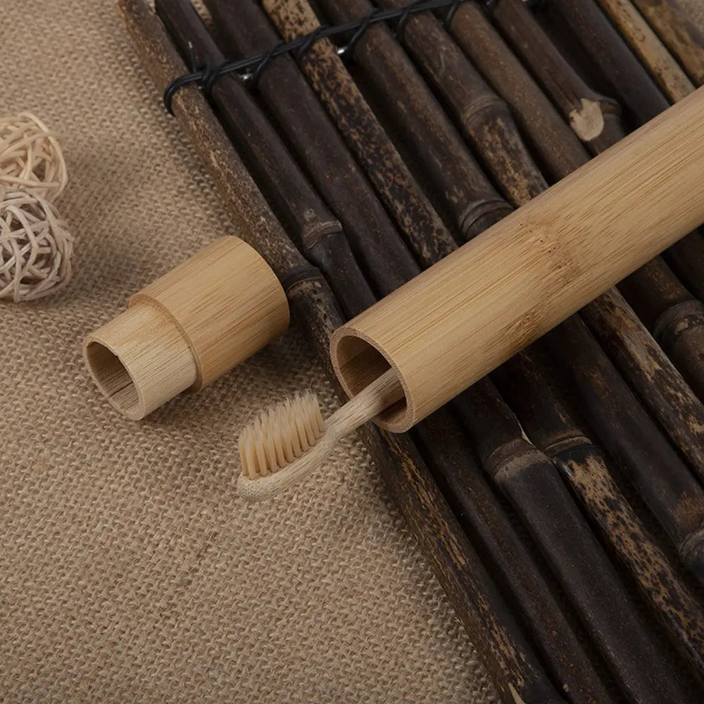 Bamboo toothbrush with wooden handle case