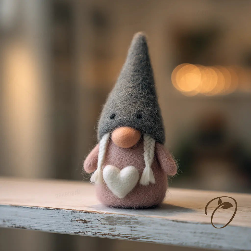 Small gnome figurine with a gray hat and pink body on a wooden surface with a blurred background