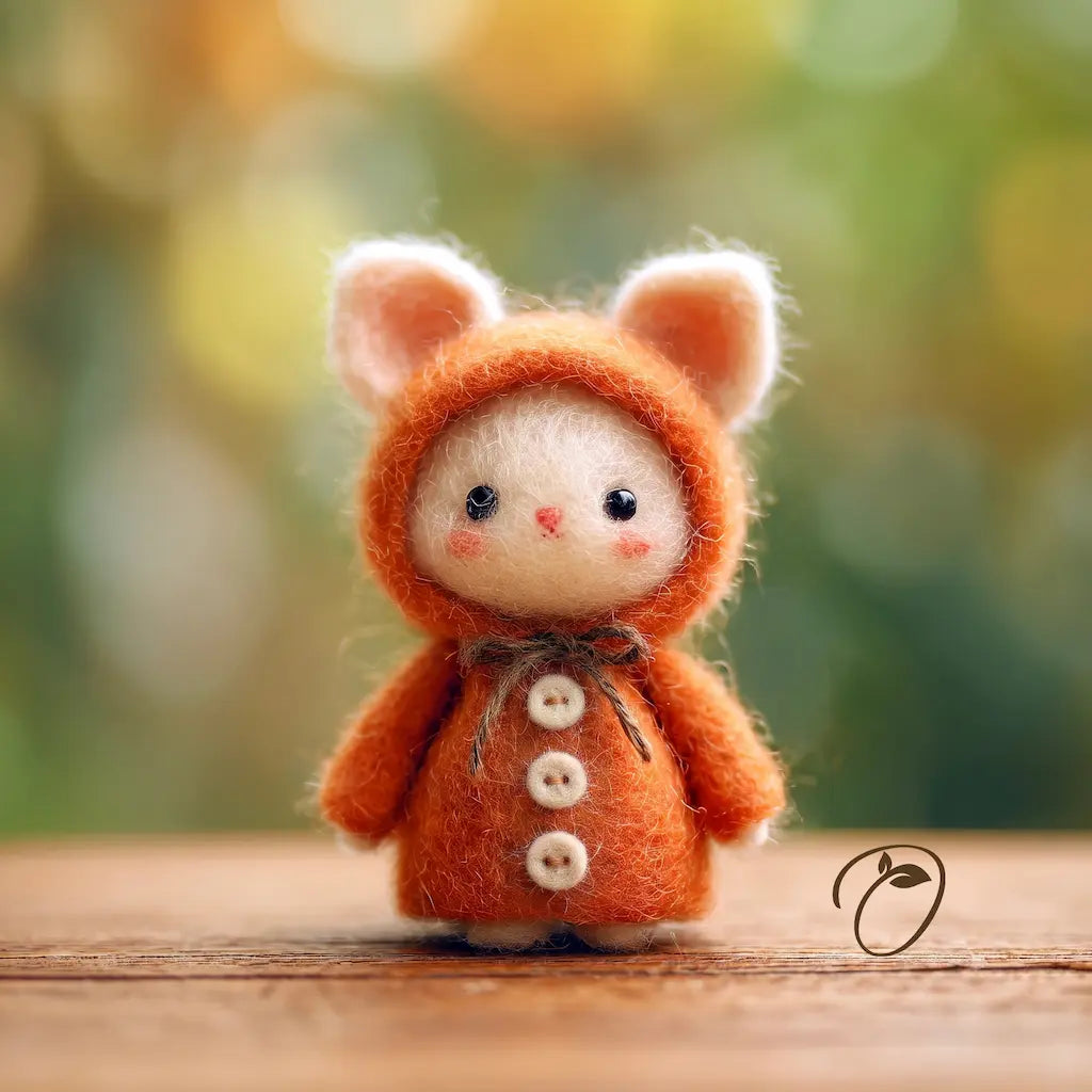 A small felted wool doll wearing an orange hooded outfit with bunny ears, standing on a wooden surface against a soft blurred green and yellow background.