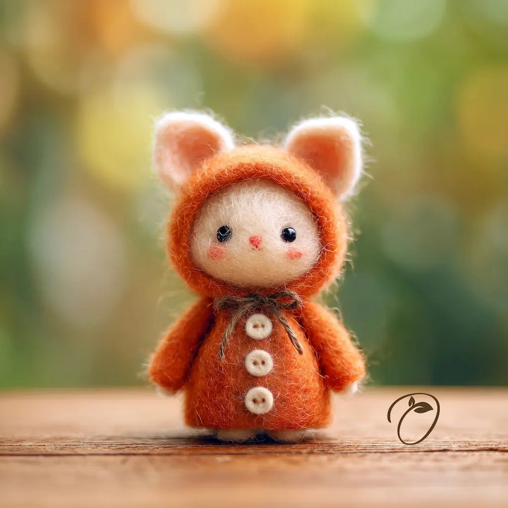 A small felted wool doll wearing an orange hooded outfit with bunny ears, standing on a wooden surface against a soft blurred green and yellow background.