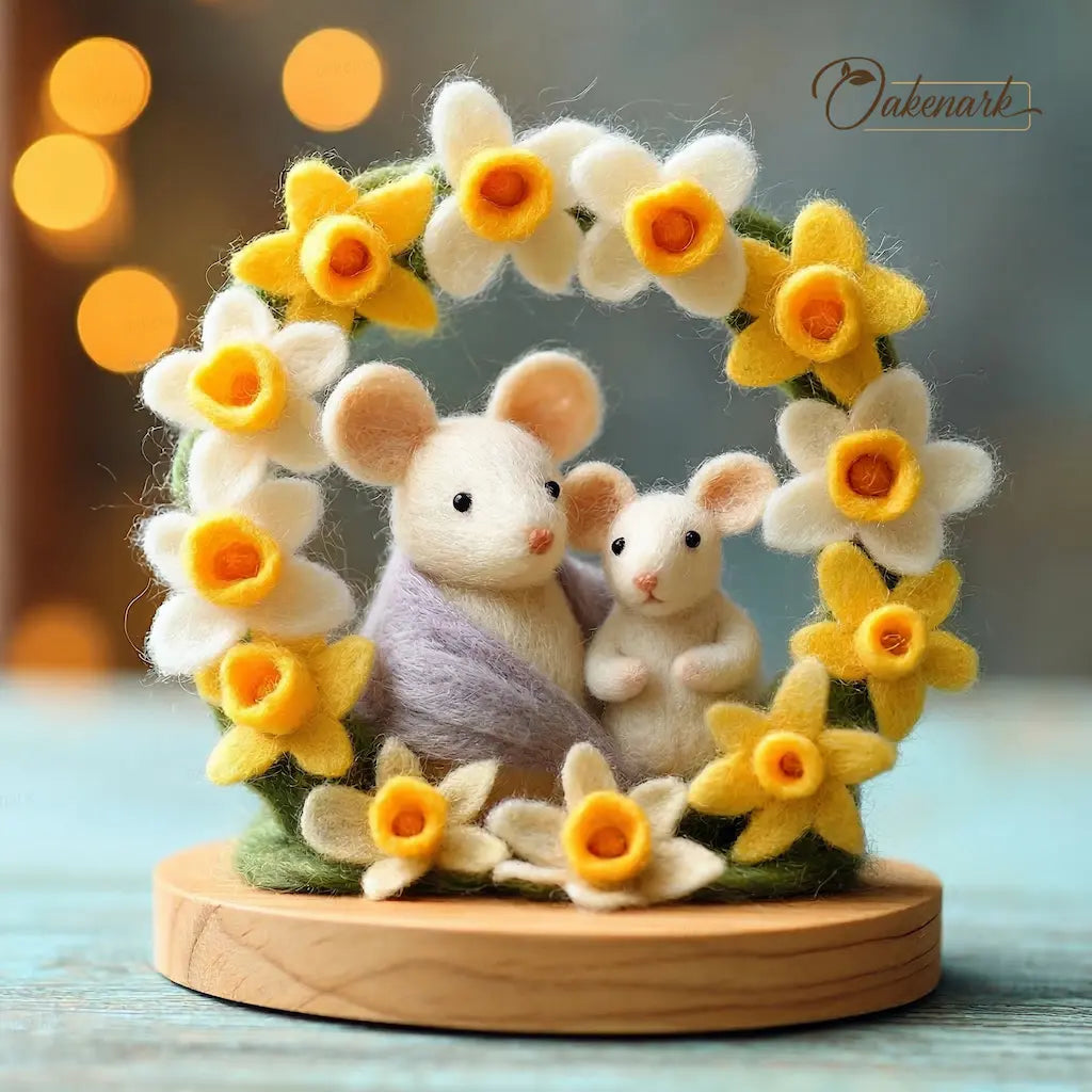 Two small mice figures surrounded by yellow and white flowers on a wooden base with a blurred background.