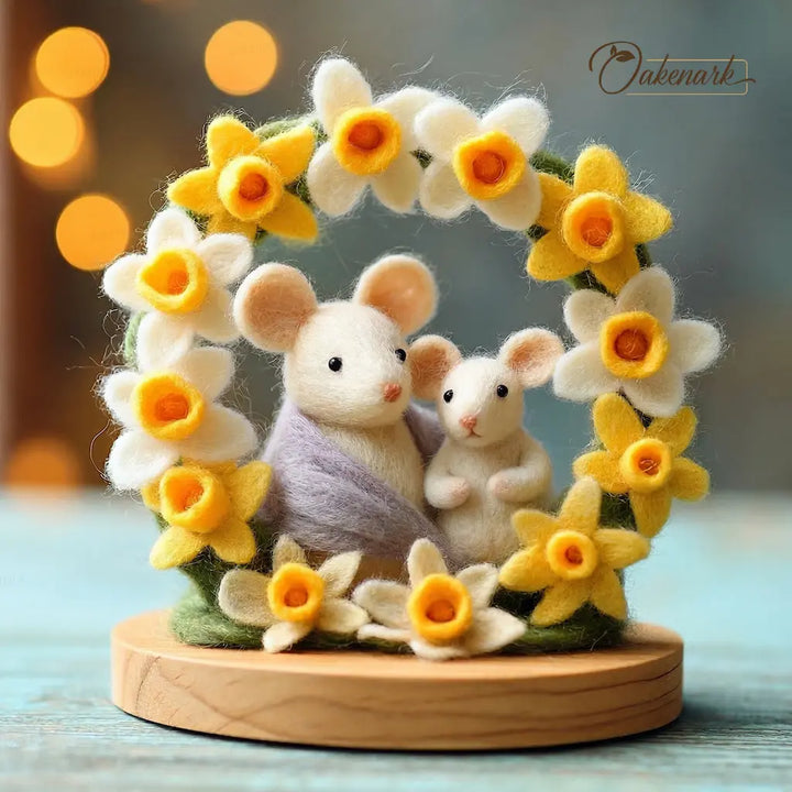 Two small mice figures surrounded by yellow and white flowers on a wooden base with a blurred background.
