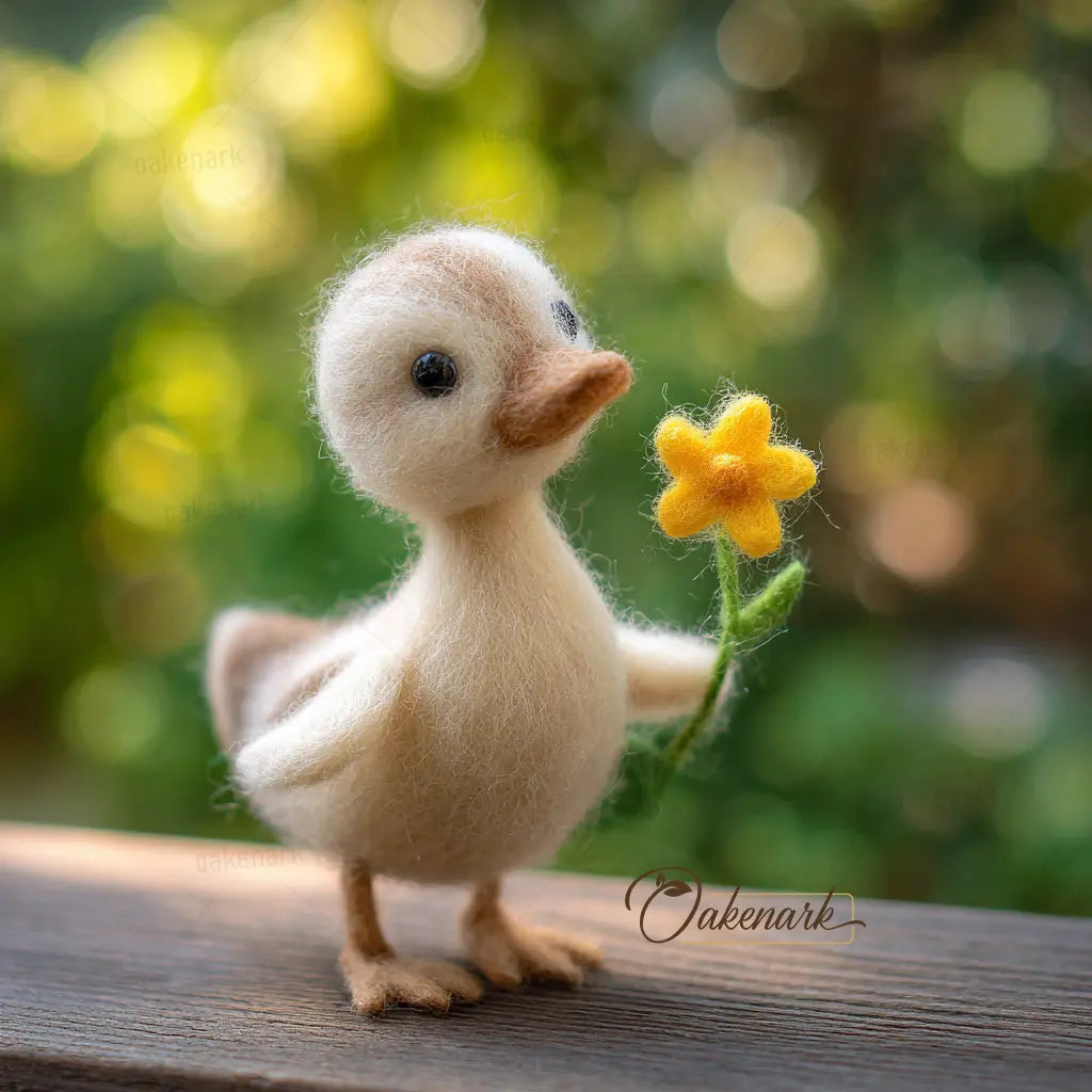 Felted duckling holding a yellow flower with a blurred green background