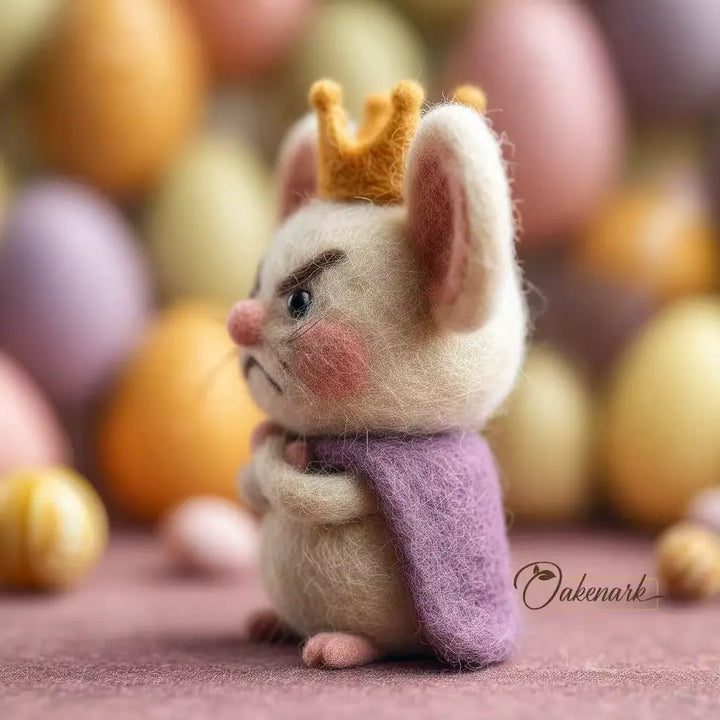 Small plush mouse with a crown and purple scarf on a soft background