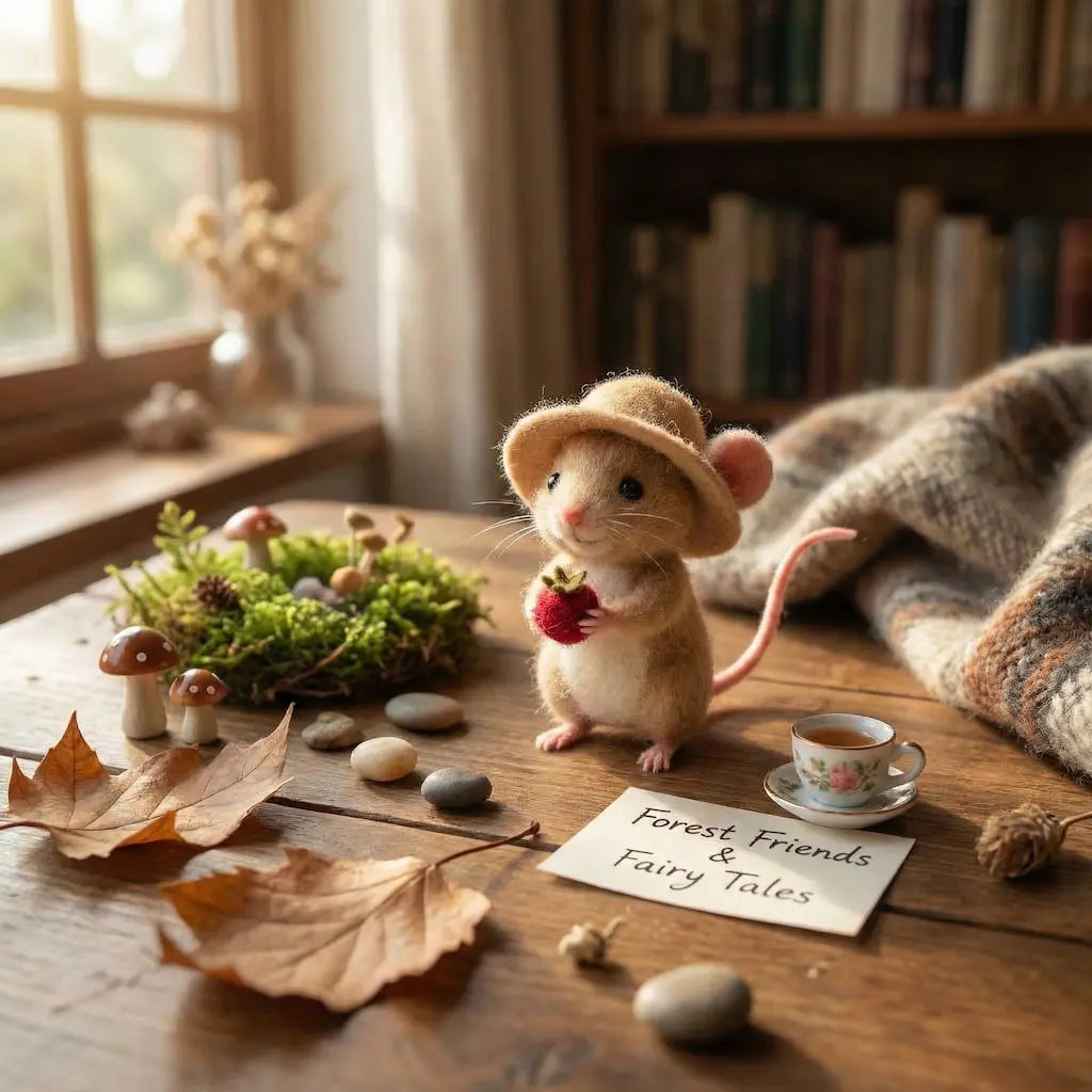 Small mouse figurine with a hat and scarf on a wooden table with autumn decorations.