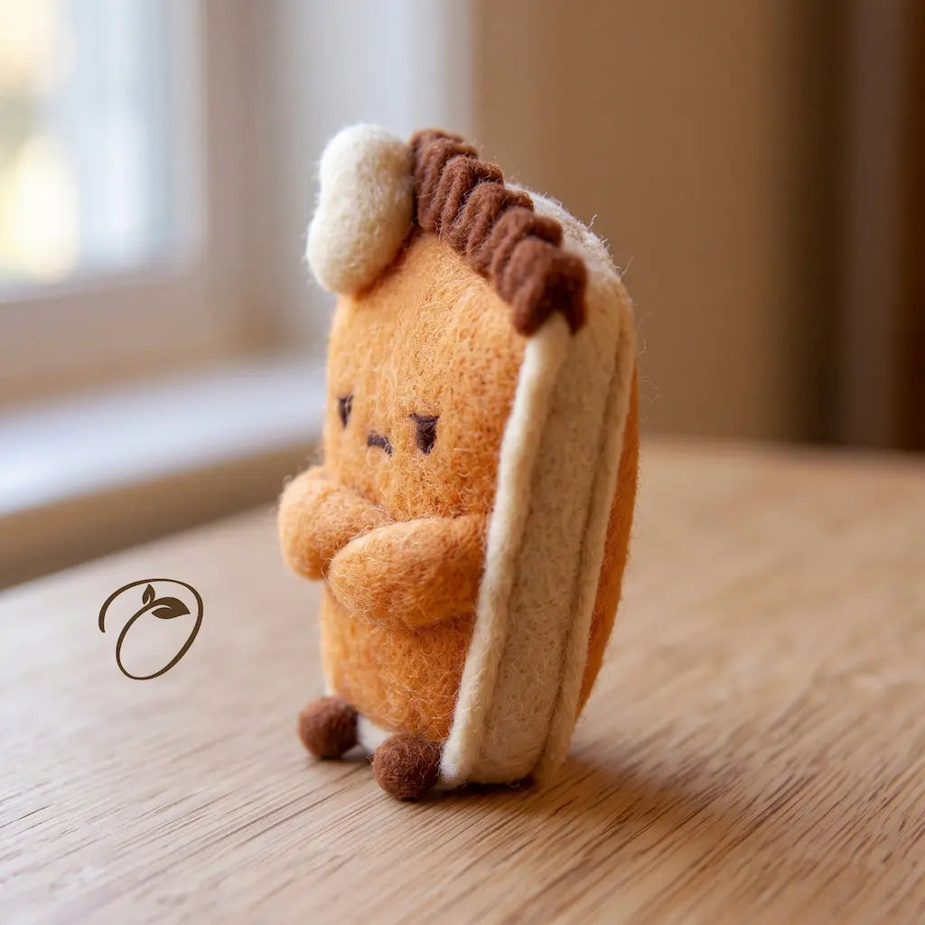 Side view of a grumpy pumpkin pie felt figurine showing its folded arms, cream-colored edging, brown crust, and small feet.