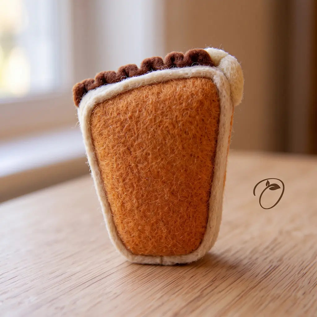 Back view of a pumpkin pie felt figurine with an orange wool body, cream-colored border, and rippled brown crust.