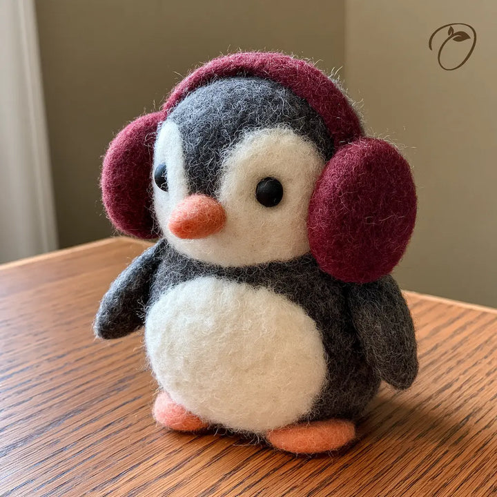 Burgundy Earmuff Penguin Felt Figurine