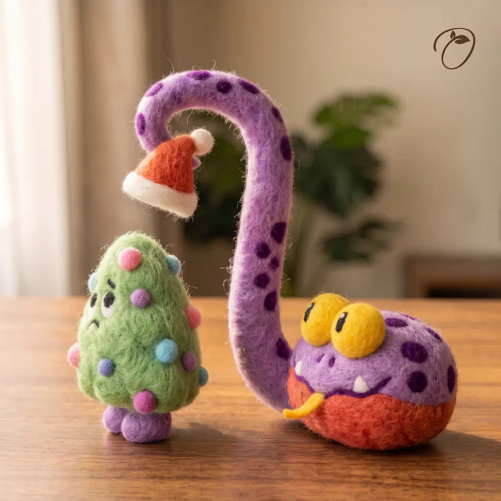 Side view of a purple felt snake with yellow eyes and an orange-red belly, holding a Santa hat above a small Christmas tree.