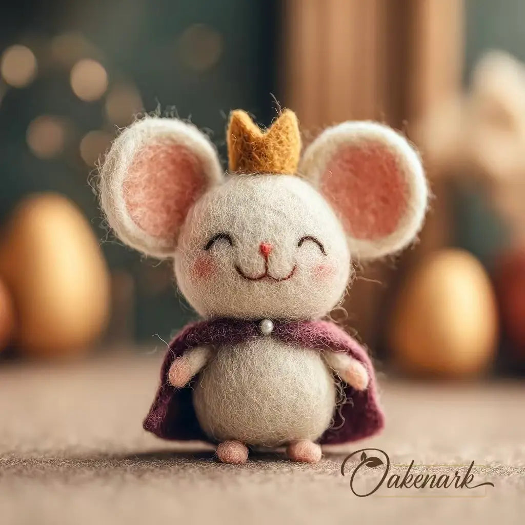 Small plush mouse with a crown and cape in front of blurred eggs