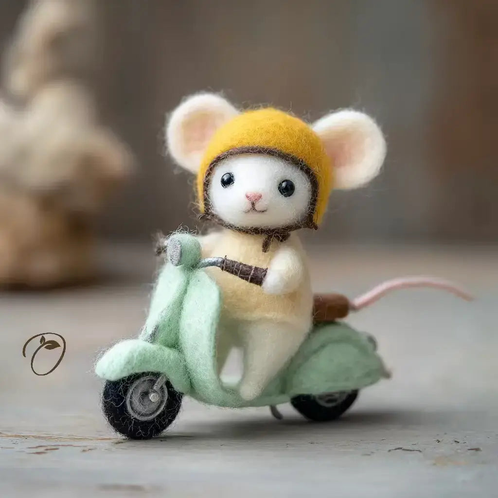 Felted mouse toy wearing a yellow helmet and riding a green scooter on a wooden surface.