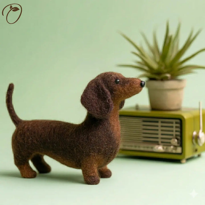 Felted dachshund figurine in front of a vintage radio and plant on a light green background