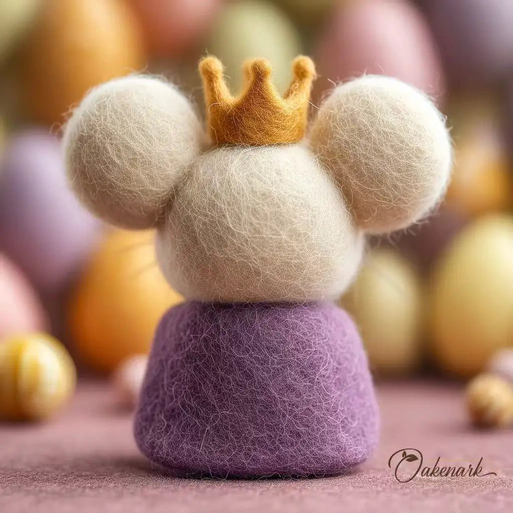 Felted mouse toy with a crown and purple cloak on a blurred background