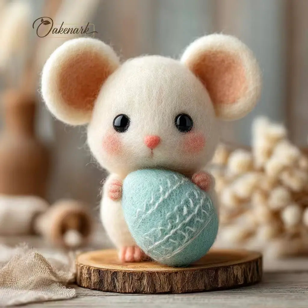 Cute plush mouse holding a textured blue ball on a wooden base with a blurred natural background.
