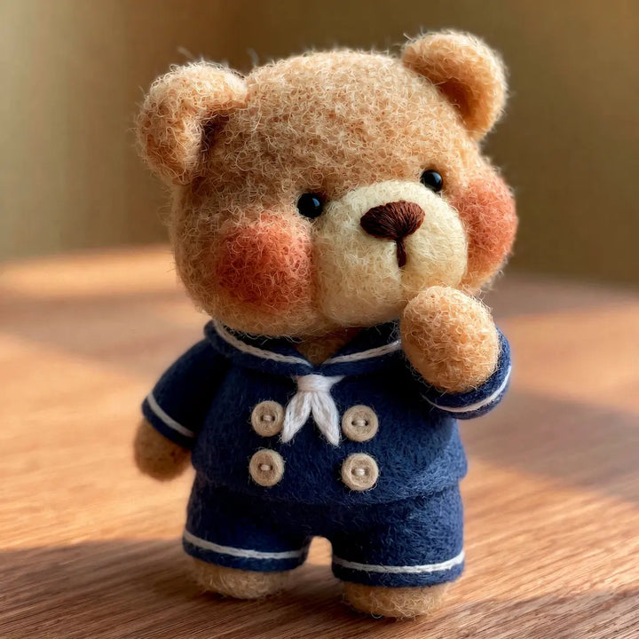 A small felt teddy bear doll wearing a navy blue sailor-style outfit with white trim and buttons, standing on a wooden surface against a softly blurred warm background.