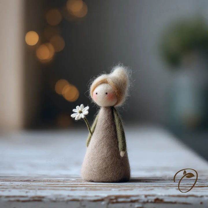 Small figurine holding a white flower on a wooden surface with a blurred background