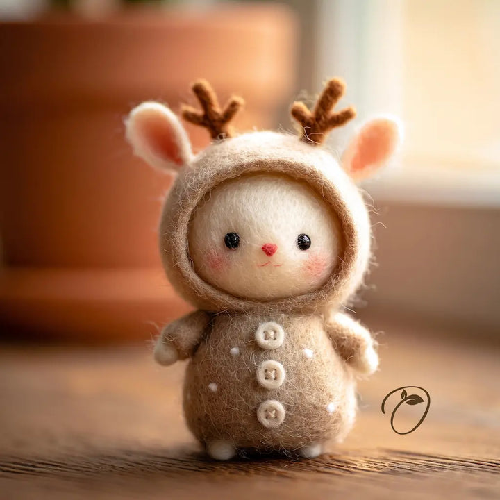 A small felted wool decorative figure shaped like a cute white bunny wearing a beige hooded outfit with brown antlers and three front buttons, standing on a wooden surface with a blurred warm-toned indoor background.