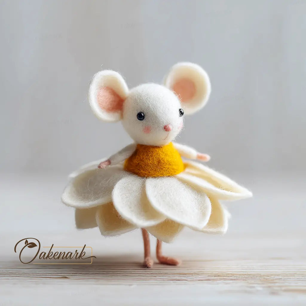 Toy mouse in a flower dress with 'Oakenark' branding on a light background
