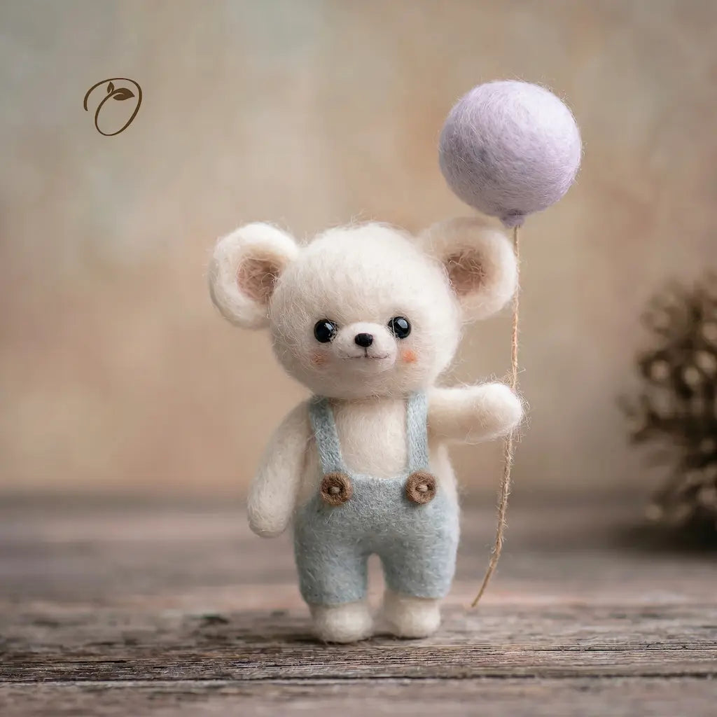 Small white teddy bear with a purple balloon on a wooden surface