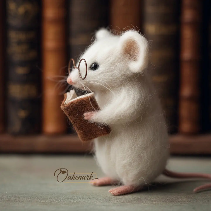 White mouse figurine wearing glasses and holding a book with a blurred bookshelf background