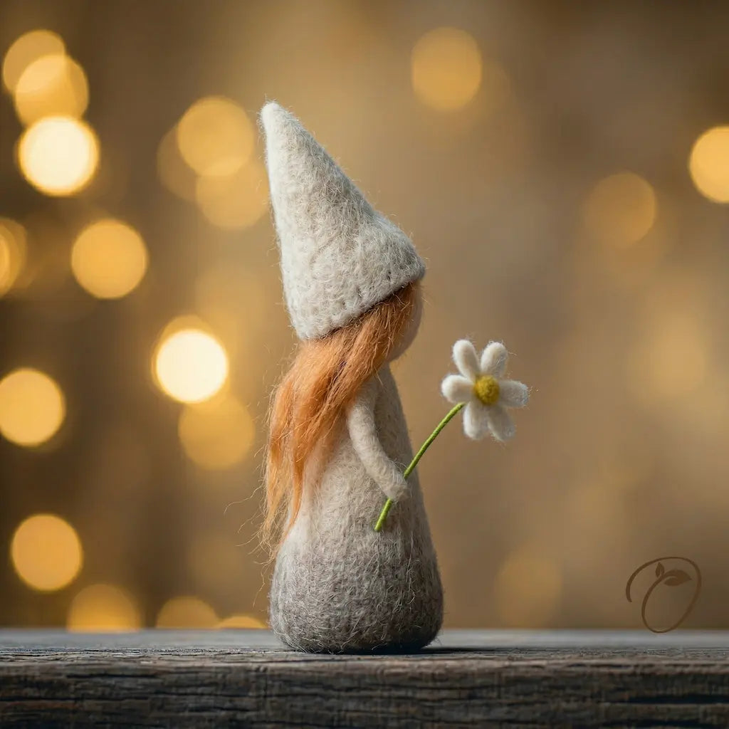 Small gnome figurine with a flower against a warm, blurred light background