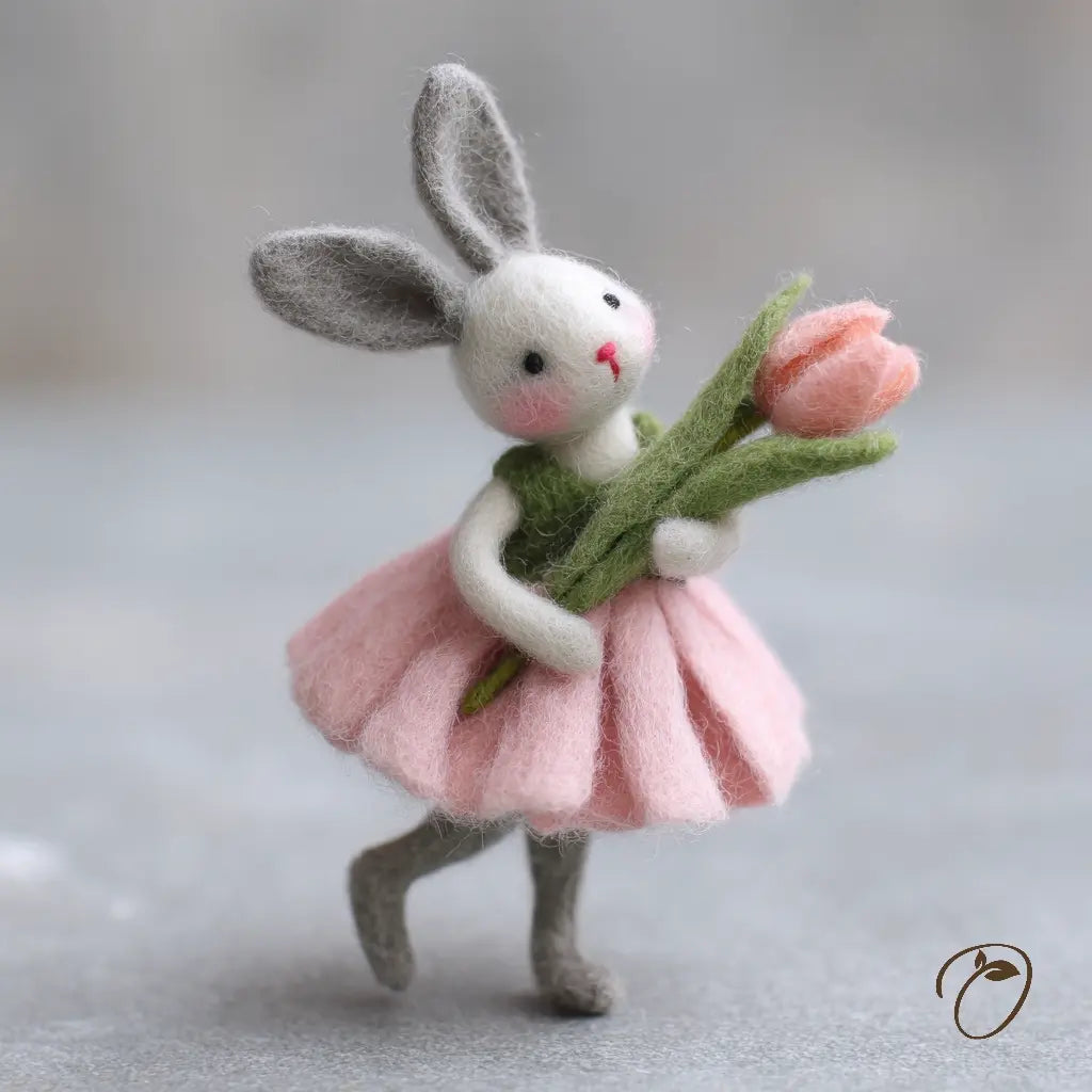 Felted bunny toy in a pink dress holding pink tulips on a light gray background