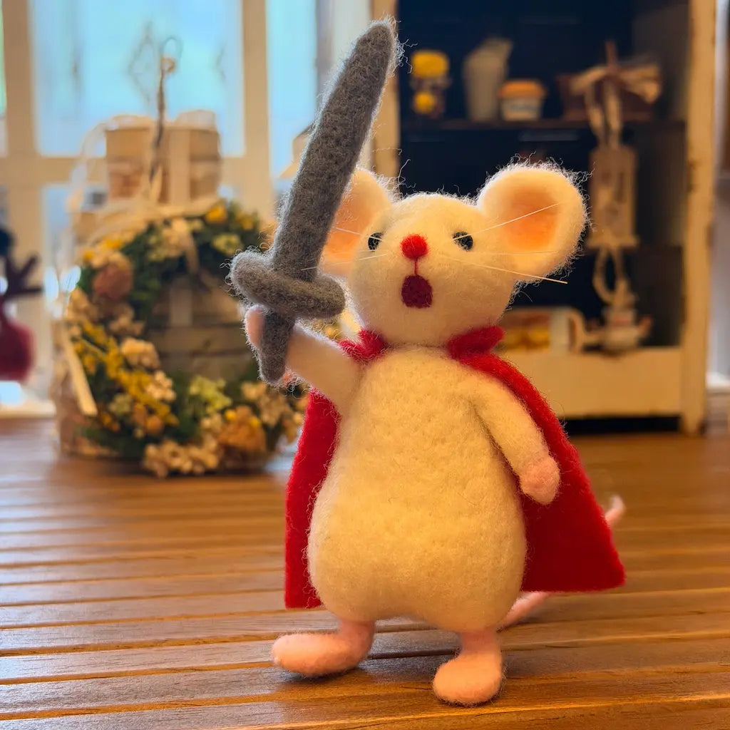 Handcrafted Felt Brave Mouse Knight with Cloak and Sword