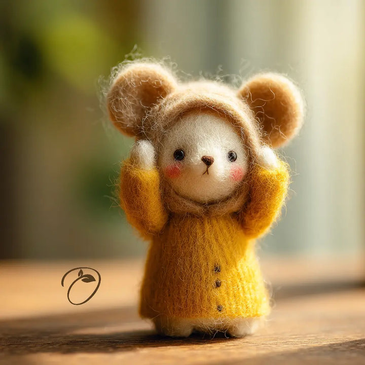 A small needle-felted mouse figurine, wearing a yellow knit outfit and hood with tan ears, standing on a wooden surface against a softly blurred warm background.