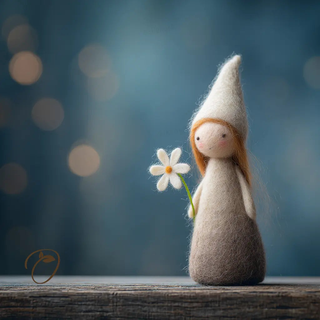 Textured figure holding a flower against a blurred background