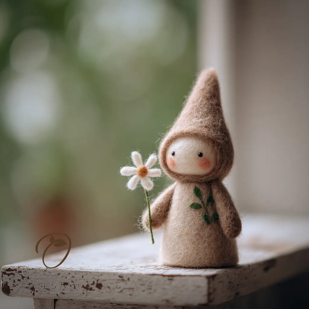 Small gnome figurine holding a flower on a wooden surface with a blurred natural background