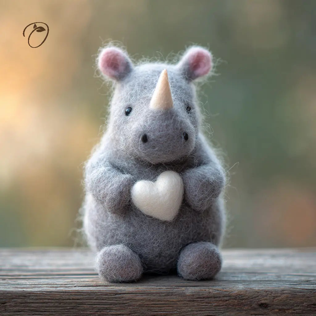 Front view of a seated gray felt rhino holding a white heart, with pink inner ears and a cream-colored horn.