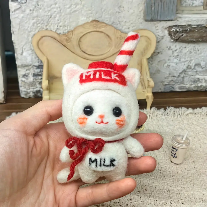 Hand-held Milk Carton Cat felt figurine with red bow and striped straw