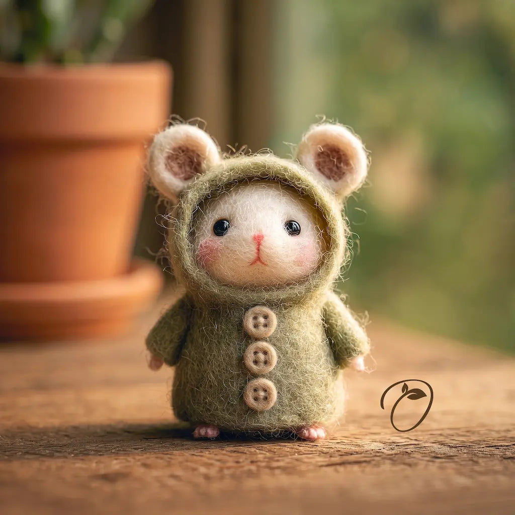 A small felted wool mouse figurine wearing an olive green hooded outfit with three front buttons, standing on a wooden surface with a blurred terracotta pot in the background.