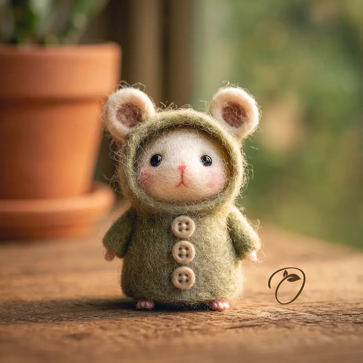 A small felted wool mouse figurine wearing an olive green hooded outfit with three front buttons, standing on a wooden surface with a blurred terracotta pot in the background.